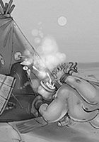 Merciless Eskimo woman sticks the nose of boiling kettle up her slave's ass